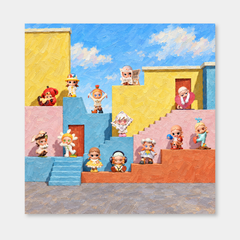 Sunlit Little Rebels inspired oil painting, complete square artwork on a light gray background