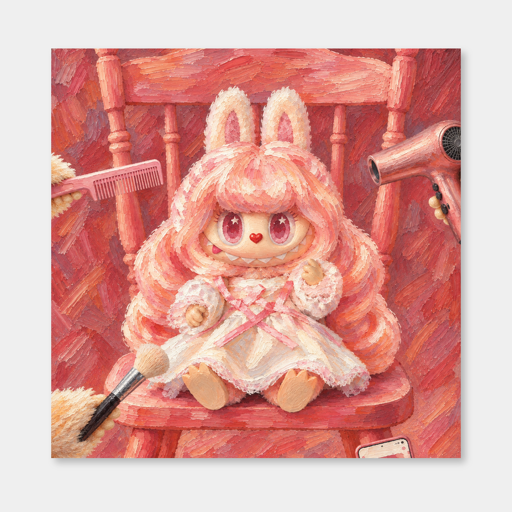 Rosewater Salon Labubu inspired oil painting on a light gray background