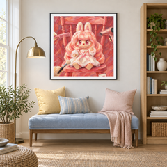 Rosewater Salon Labubu inspired oil painting displayed in a reading nook