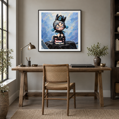 The Eighth Chapter SKULLPANDA inspired oil painting displayed in a home office