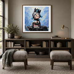 The Eighth Chapter SKULLPANDA inspired oil painting displayed in a reading nook