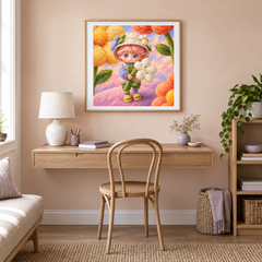 A Flower for the Journey DIMOO inspired oil painting displayed in a home office