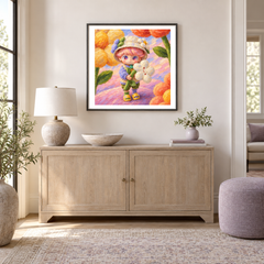 A Flower for the Journey DIMOO inspired oil painting displayed in a entryway