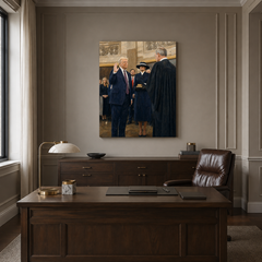 The Oath Returns hand-painted oil artwork displayed in executive office