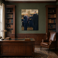 The Oath Returns hand-painted oil artwork displayed in traditional study