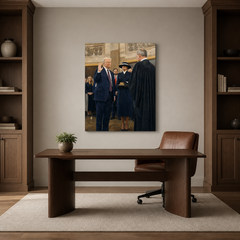 The Oath Returns hand-painted oil artwork displayed in home office