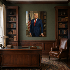 The 47th President hand-painted oil artwork displayed in traditional study
