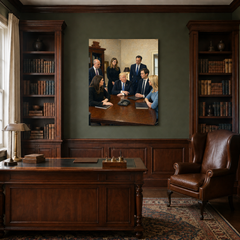 The Inner Circle hand-painted oil artwork displayed in traditional study