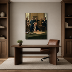 The Signing of Independence hand-painted oil artwork displayed in home office