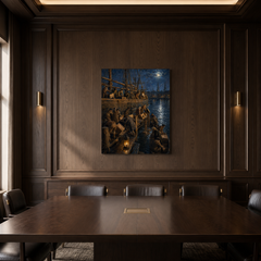 Boston Tea Party hand-painted oil artwork displayed in dark wood meeting room