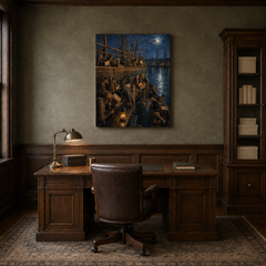 Boston Tea Party hand-painted oil artwork displayed in veteran history study