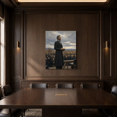Lincoln at Gettysburg hand-painted oil artwork displayed in dark wood meeting room
