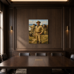 The Rough Rider hand-painted oil artwork displayed in dark wood meeting room