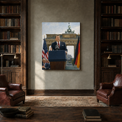 Reagan at the Berlin Wall hand-painted oil artwork displayed in private library