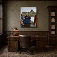 Reagan at the Berlin Wall hand-painted oil artwork displayed in veteran history study