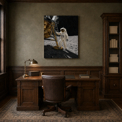 One Giant Leap hand-painted oil artwork displayed in veteran history study