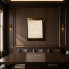 We the People hand-painted oil artwork displayed in dark wood meeting room