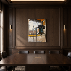 Liberty Bell & Independence Hall hand-painted oil artwork displayed in dark wood meeting room