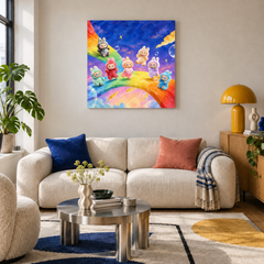 Rainbow Dream Parade displayed in a shared living room with coordinated furniture