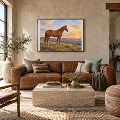Copper Morning horse painting above a cognac leather sofa in a Western ranch living room