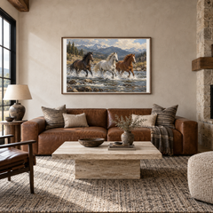 Wild Current running horse painting displayed in a ranch living room