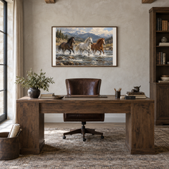 Wild Current running horse painting displayed in a oak-furnished study