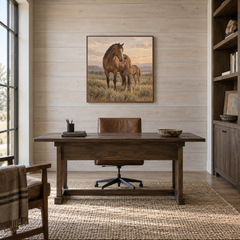 Mare and Morning oil painting of a mare and foal together on the prairie displayed in a ranch study