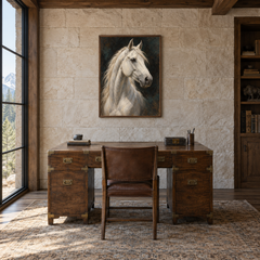 White Horse Study Western oil painting displayed in a study