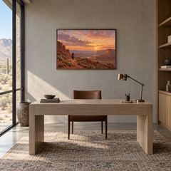 Last Light Crossing Western oil painting displayed in a study