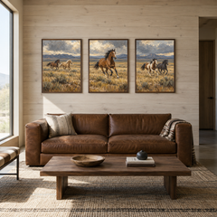 Open Range Rhythm set of 3 Western paintings displayed in a living room