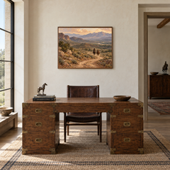 Dust and Distance Western oil painting displayed in a study