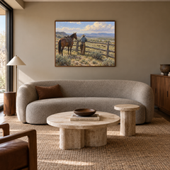 Fence Line Pause Western oil painting displayed in a living room