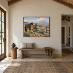 Fence Line Pause Western oil painting displayed in a entryway
