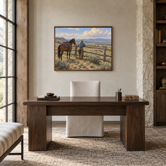 Fence Line Pause Western oil painting displayed in a study