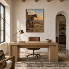 After the Ride Western oil painting displayed in a study