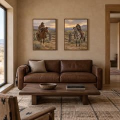 Two at the Gate set of 2 Western paintings displayed in a living room