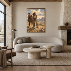 Prairie Resolve Western oil painting displayed in a living room