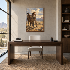 Prairie Resolve Western oil painting displayed in a study