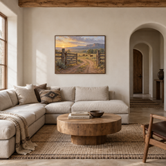 First Gate Western oil painting displayed in a living room