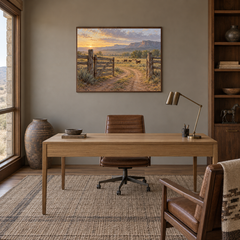 First Gate Western oil painting displayed in a study