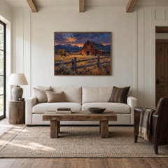 Barn in Blue Western oil painting displayed in a living room