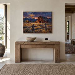 Barn in Blue Western oil painting displayed in a entryway