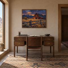 Barn in Blue Western oil painting displayed in a study