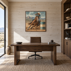 Arena Turn Western oil painting displayed in a study