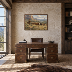 Working Range Western oil painting displayed in a study