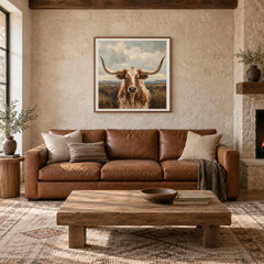 Quiet Range longhorn oil painting displayed in a ranch living room with cognac leather sofa