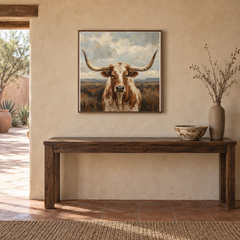 Quiet Range longhorn oil painting displayed in a Southwestern entryway above a walnut console