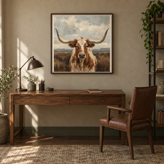 Quiet Range longhorn oil painting displayed in a ranch office above a walnut desk