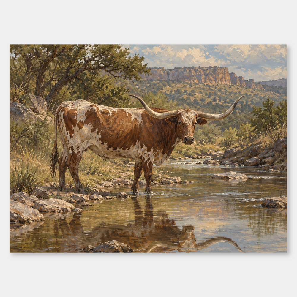 Longhorn at the Creek Western oil painting