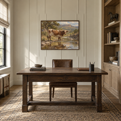 Longhorn at the Creek Western oil painting displayed in a study